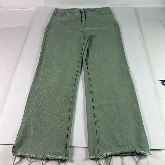 Risen Jeans Women's 33x28* High Rise Wide Leg Green Faded Raw Hem Denim Tag 32 - Picture 1 of 16